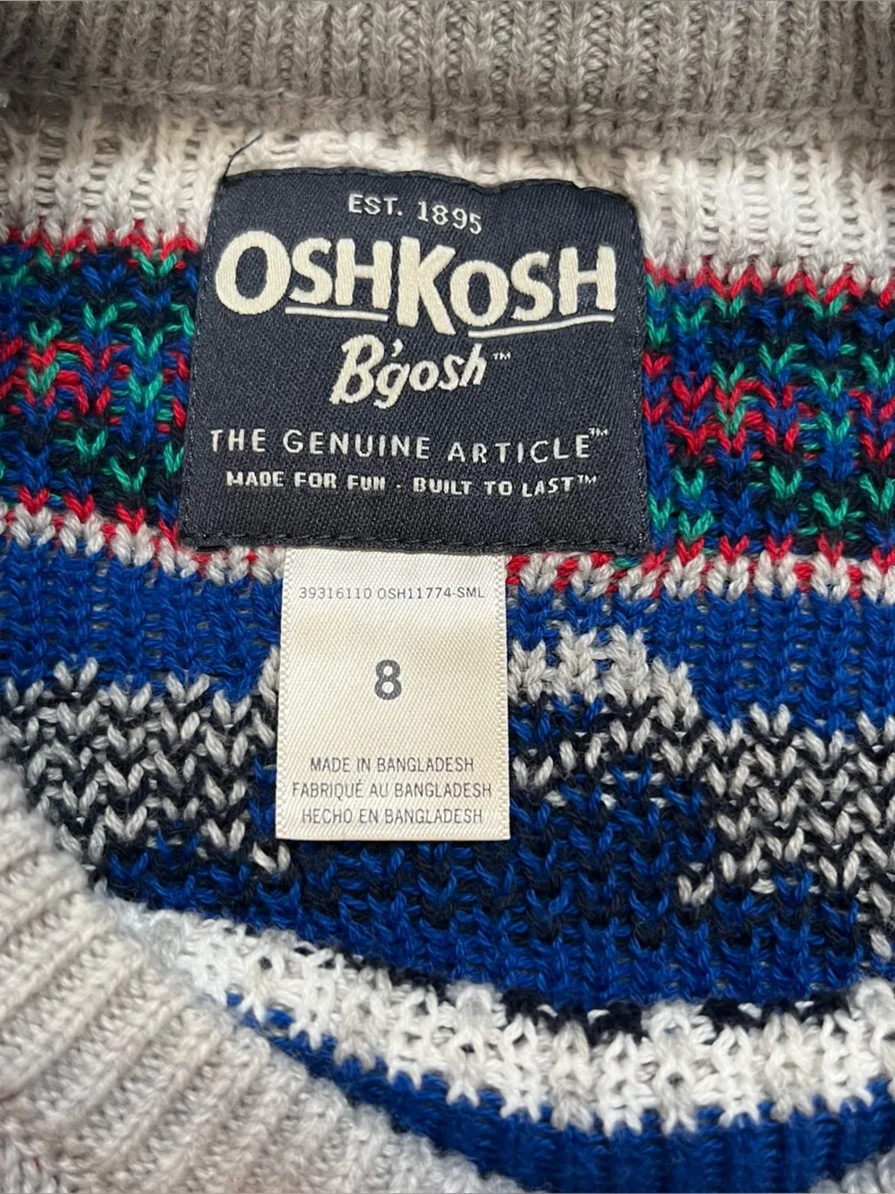 OshKosh B’gosh Boys Fair Isle Dinosaur Crew Neck Vintage Style Sweater Size 8